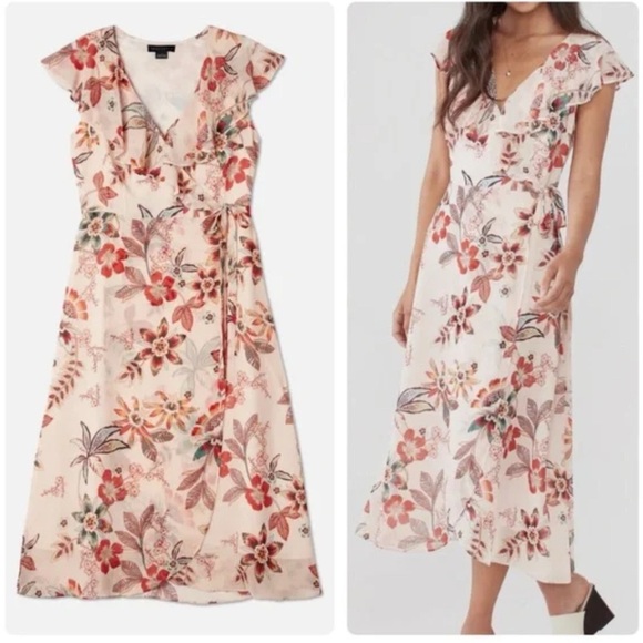 NWT Sanctuary Jolynn Wrap Floral Print Midi Ruffle Dress Orange Pink Size 14 - Picture 1 of 12